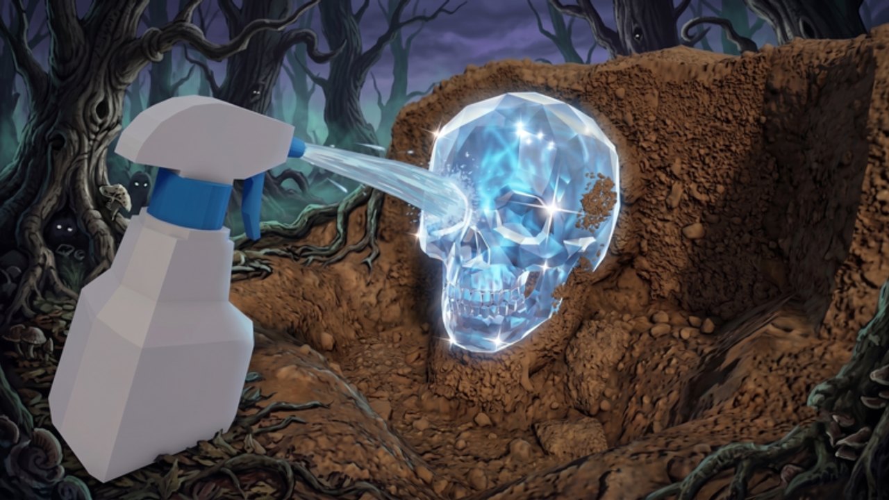 Spray bottle cleaning a glowing crystal skull relic in a dirt pit inside the haunted forest of Dig Haunted Items