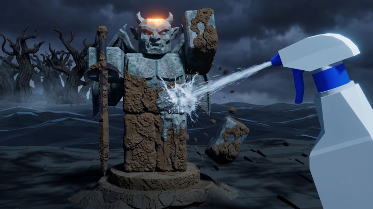 Player spraying mud off a cursed stone golem statue in Dig Haunted Items under a stormy sky